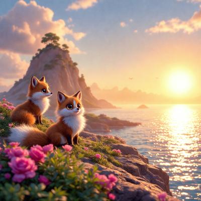 Primary subject: Two foxes sitting on a hillside.
Setting/background: A beautiful sunset with a mountain in the background.
Visual style: Digital art.
Colors and mood: The scene is warm and serene, with the sunset casting a golden glow over the landscape.